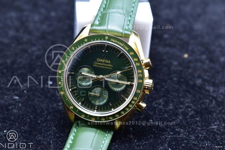 Manual Dial Moonwatch YG Green Speedmaster Strap Moonshine Green in Chrono Leather RMF Gold on Best Edition 0101